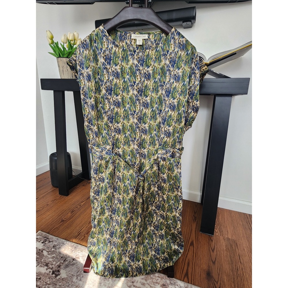 Coldwater Creek Women Green Blue Abstract Print Tie Waist Cap Sleeve Dress Sz 8